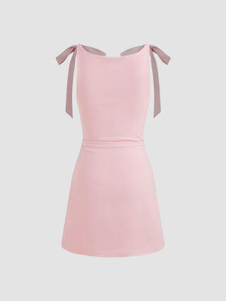 Square Neck Solid Bowknot Mini Dress
