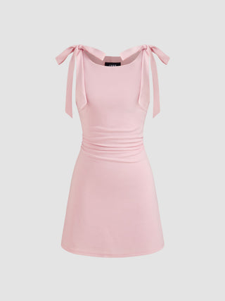 Square Neck Solid Bowknot Mini Dress