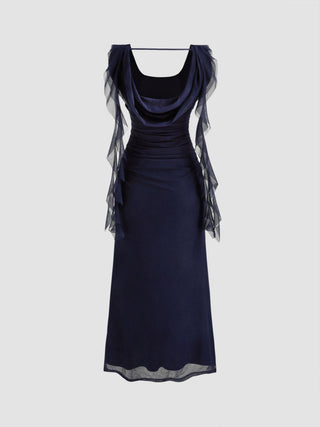 Cowl Neck Solid Ruffle Hem Ruched Maxi Dress