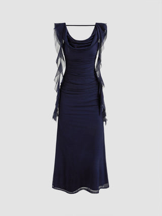 Cowl Neck Solid Ruffle Hem Ruched Maxi Dress