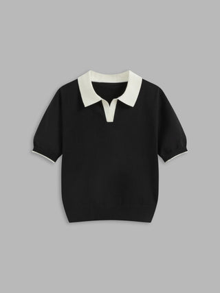 Knit Polo Contrasting Binding Short Sleeve Top