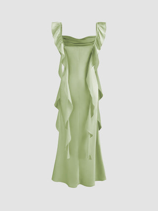 Satin Cowl Neck Solid Ruffle Hem Maxi Dress