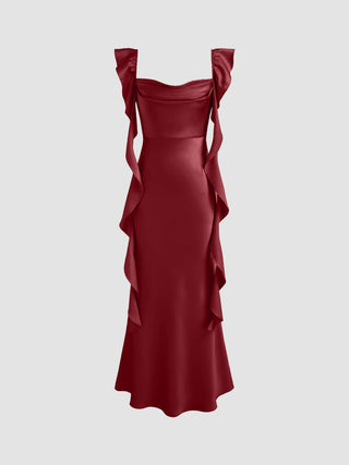 Satin Cowl Neck Solid Ruffle Hem Maxi Dress