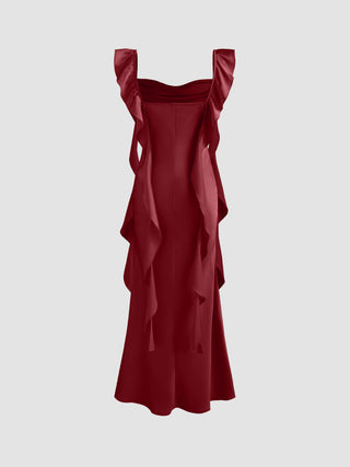 Satin Cowl Neck Solid Ruffle Hem Maxi Dress