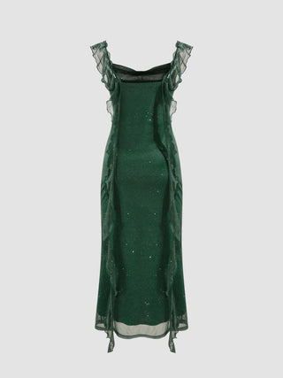 Cowl Neck Solid Glitter Ruffle Hem Maxi Dress