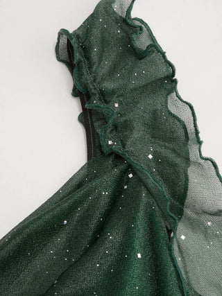 Cowl Neck Solid Glitter Ruffle Hem Maxi Dress