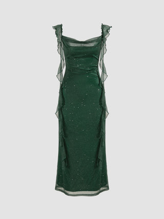 Cowl Neck Solid Glitter Ruffle Hem Maxi Dress