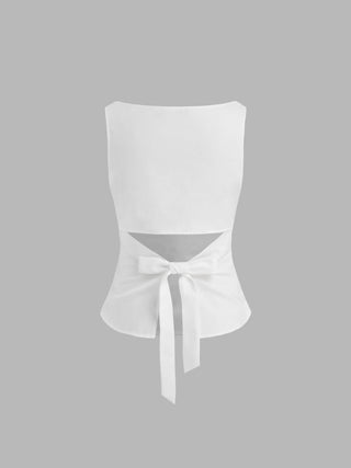 Linen-blend Boat Neckline Solid Bowknot Tank Top