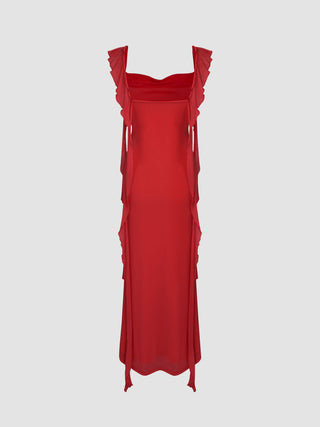 Mesh Ruffle Hem Maxi Dress