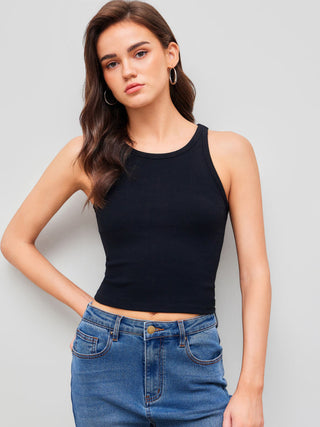 Cotton-blend Round Neckline Solid Tank Top