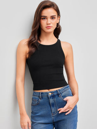 Cotton-blend Round Neckline Solid Tank Top