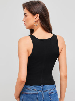 Cotton-blend Round Neckline Solid Tank Top