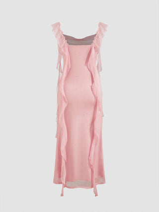 Cowl Neck Solid Glitter Ruffle Hem Maxi Dress