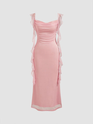Cowl Neck Solid Glitter Ruffle Hem Maxi Dress