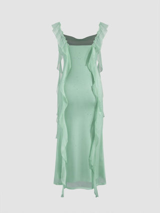 Cowl Neck Solid Glitter Ruffle Hem Maxi Dress