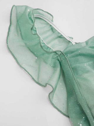 Cowl Neck Solid Glitter Ruffle Hem Maxi Dress