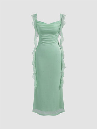 Cowl Neck Solid Glitter Ruffle Hem Maxi Dress