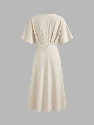 Wedding Wedding Guest Dress wedding guest wedding Linen-blend Linen-blend V-neck Solid Ruffle Ruched Midi Dress For Work