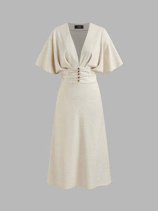 Wedding Wedding Guest Dress wedding guest wedding Linen-blend Linen-blend V-neck Solid Ruffle Ruched Midi Dress For Work