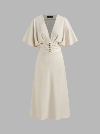 Wedding Wedding Guest Dress wedding guest wedding Linen-blend Linen-blend V-neck Solid Ruffle Ruched Midi Dress For Work