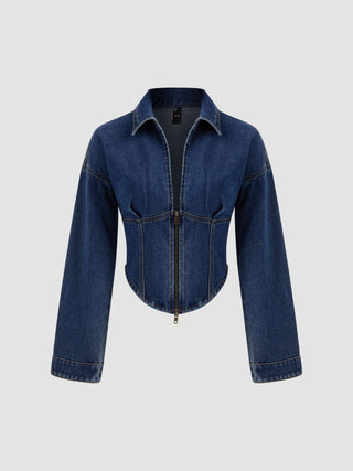 Denim Collar Solid Corset Zipper Jacket