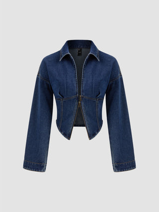 Denim Collar Solid Corset Zipper Jacket