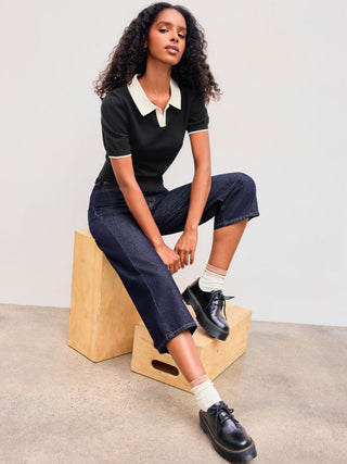 Knit Polo Contrasting Binding Short Sleeve Top