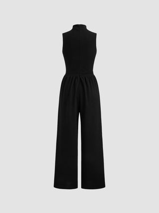 High Neck Solid Cut Out Patched Wide Leg Jumpsuit