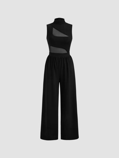 High Neck Solid Cut Out Patched Wide Leg Jumpsuit