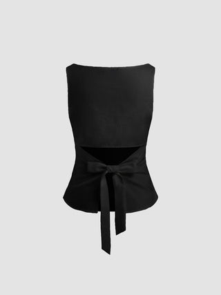 Linen-blend Boat Neckline Solid Bowknot Tank Top