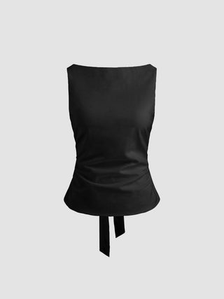 Linen-blend Boat Neckline Solid Bowknot Tank Top