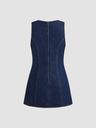 Denim Solid Zipper Sleeveless Mini Dress