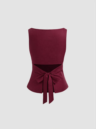 Linen-blend Boat Neckline Solid Bowknot Tank Top