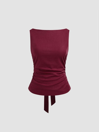 Linen-blend Boat Neckline Solid Bowknot Tank Top