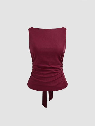 Linen-blend Boat Neckline Solid Bowknot Tank Top