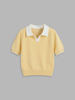 Knit Polo Contrasting Binding Short Sleeve Top
