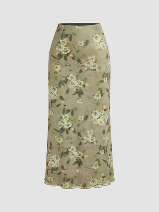 Mesh V-neck Floral Ruffle Cami Top & Mid Rise Maxi Skirt Set For Music Festival/Live House Vacation