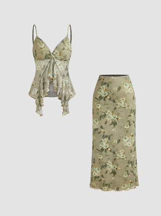 Mesh V-neck Floral Ruffle Cami Top & Mid Rise Maxi Skirt Set For Music Festival/Live House Vacation