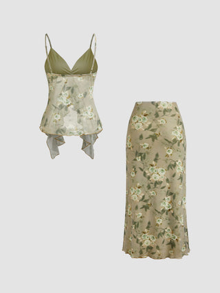Mesh V-neck Floral Ruffle Cami Top & Mid Rise Maxi Skirt Set For Music Festival/Live House Vacation