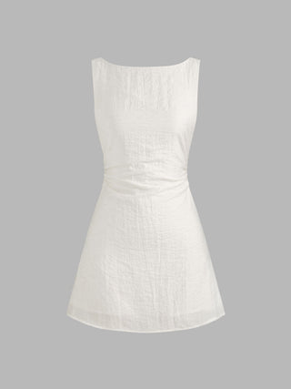 Linen-blend Boat Neck Solid Knotted Backless Mini Dress