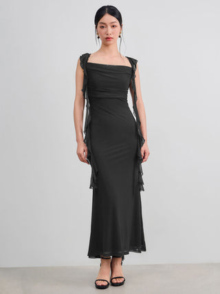 Mesh Ruffle Hem Maxi Dress