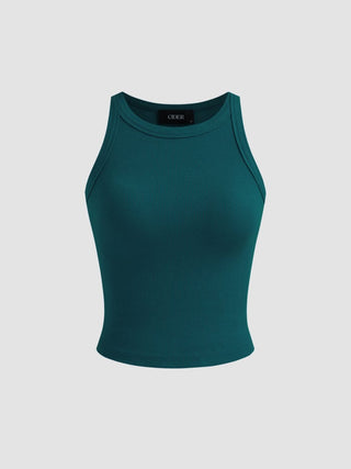 Cotton-blend Round Neckline Solid Tank Top