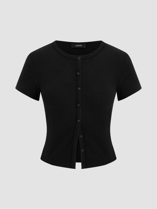 Round Neckline Solid Button Short Sleeve Top