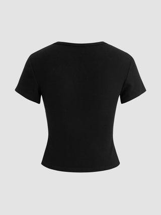 Round Neckline Solid Button Short Sleeve Top