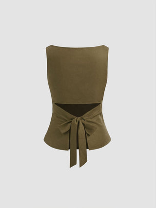 Linen-blend Boat Neckline Solid Bowknot Tank Top