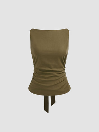 Linen-blend Boat Neckline Solid Bowknot Tank Top