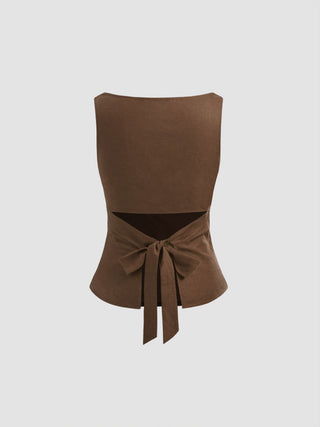 Linen-blend Boat Neckline Solid Bowknot Tank Top