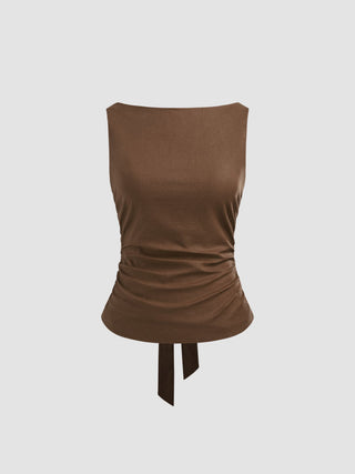 Linen-blend Boat Neckline Solid Bowknot Tank Top