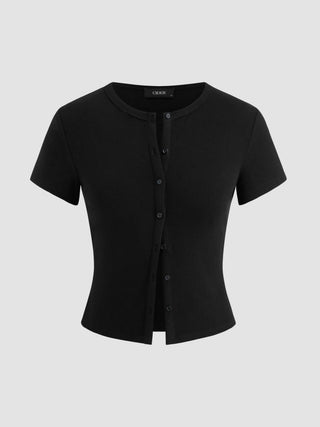 Round Neckline Solid Button Short Sleeve Top