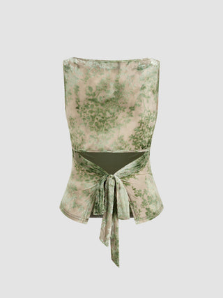 Valentine Knit Fabric Boat Neck Floral Knotted Ruched Crop Tank Top For Coffee Shop